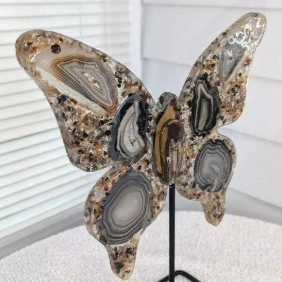 Maripose Sliced Agate Stone Butterfly on Stand Display - 12" - Picture 4 of 6